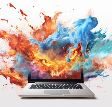 a computer showing a flame on a white background, in the style of hyperrealistic illustrations, colorful chaos, ceramic, ad posters, sculpted, dau al set, intense emotional atmosphere --ar 128:89 --v 5.2 Job ID: 9ed9a30f-1e04-4f57-962d-079b6bdfb9ab